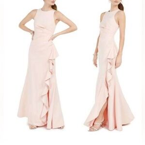 NWT Ignite Evenings Ruched Stretch High-Neck Cascading Sheath Dress. Size 6